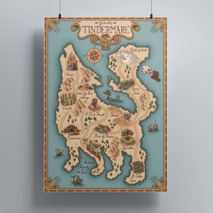 Gibishki’s Tindermare fantasy map poster, full A2 view showcasing its intricate illustrated design.