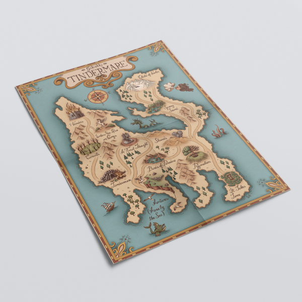 Gibishki’s Tindermare map poster displayed on a flat surface, highlighting its rich colours and fine details.